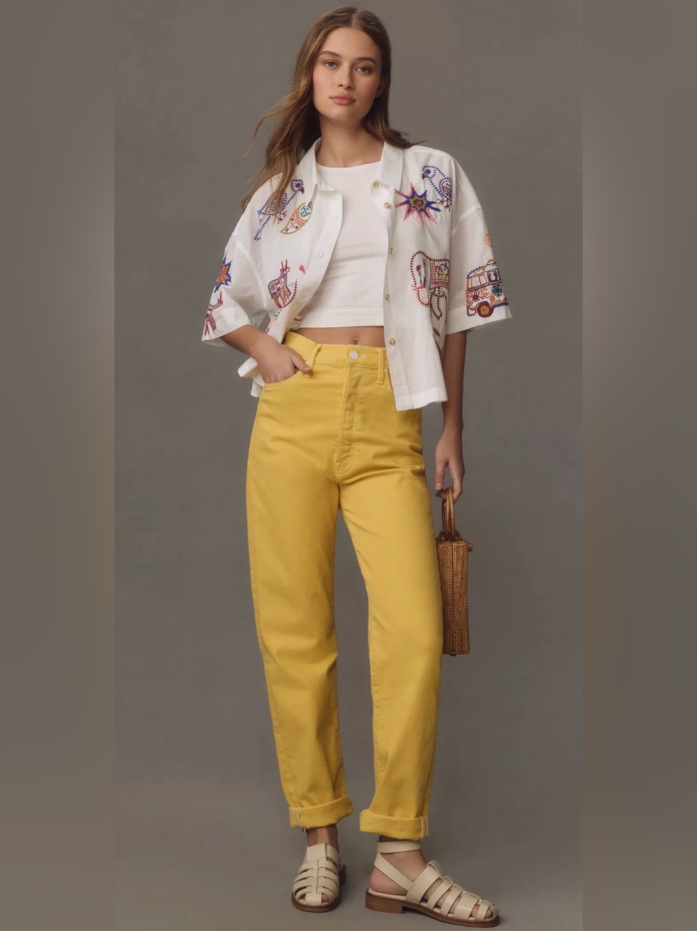 MOTHER The Roomie Crop Embroidered Button Down Blouse